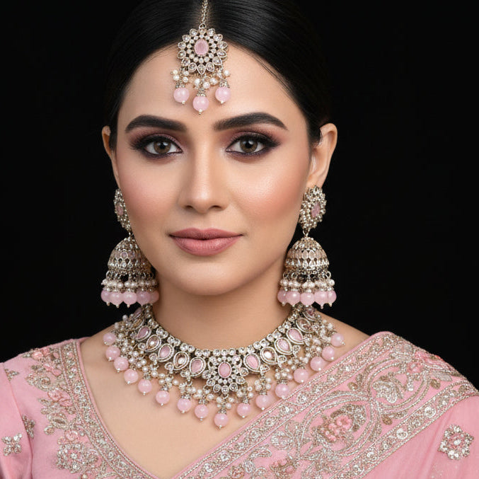 Jewelry set with pink and silver elements on a black background, featuring the brand 'Saheli'.