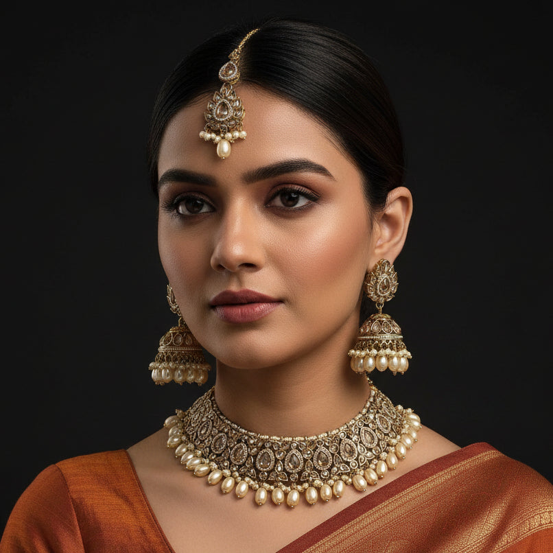 Gold and pearl choker set with matching earrings on a black background