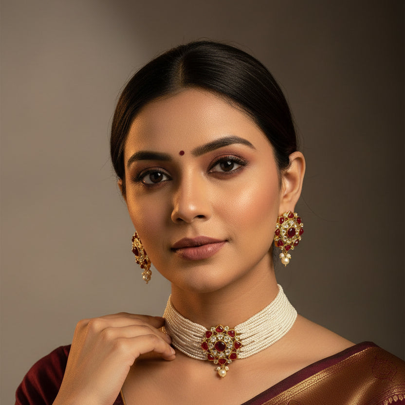 Jewelry set with necklace and earrings on a dark background, featuring the brand 'Saheli'.