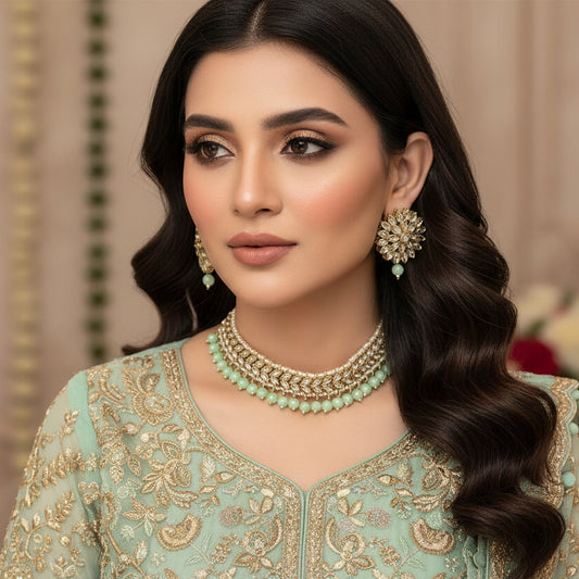 Gold necklace with green beads and matching earrings on a black background