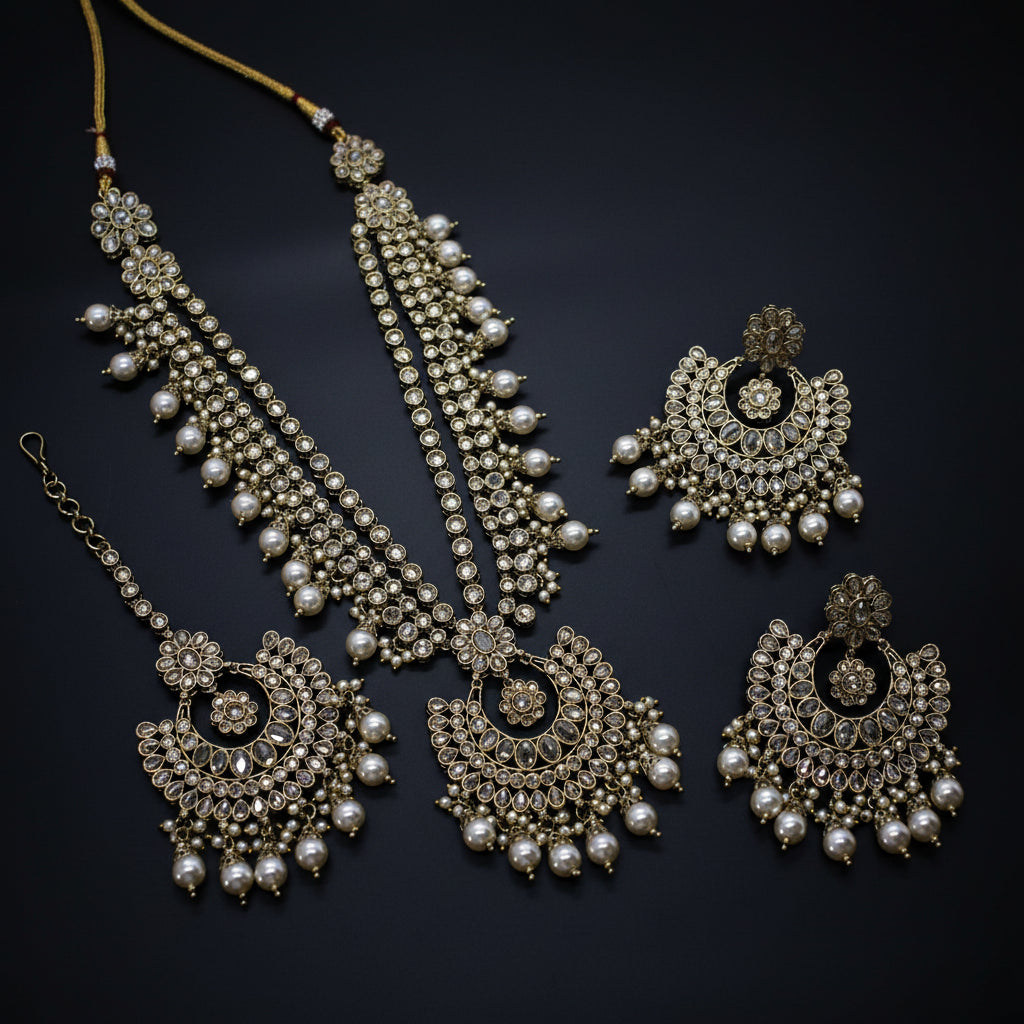 Ornate jewelry set with necklace and earrings on a dark background