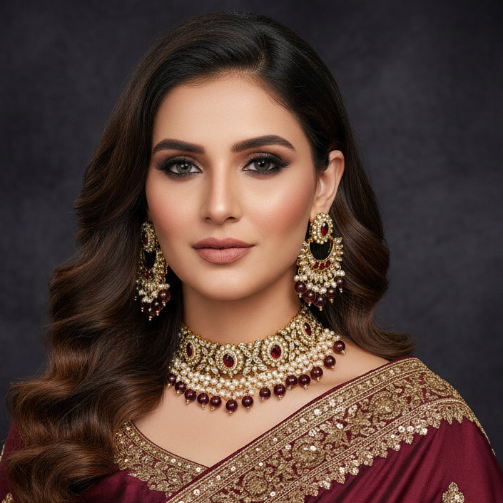 Jewelry set with earrings, necklace, and choker on a dark background with 'Saheli' brand logo.