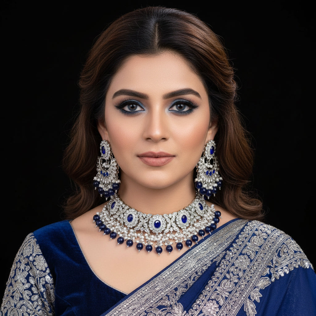 Jewelry set with necklace, earrings, and choker on a black background with 'Saheli' branding.