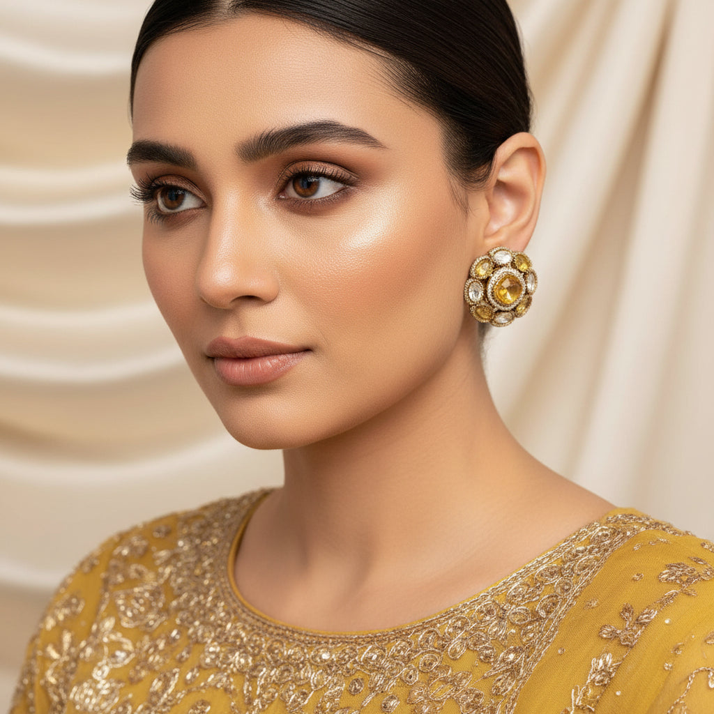 Gold earrings with gemstones on a beige background, featuring SJNX branding.