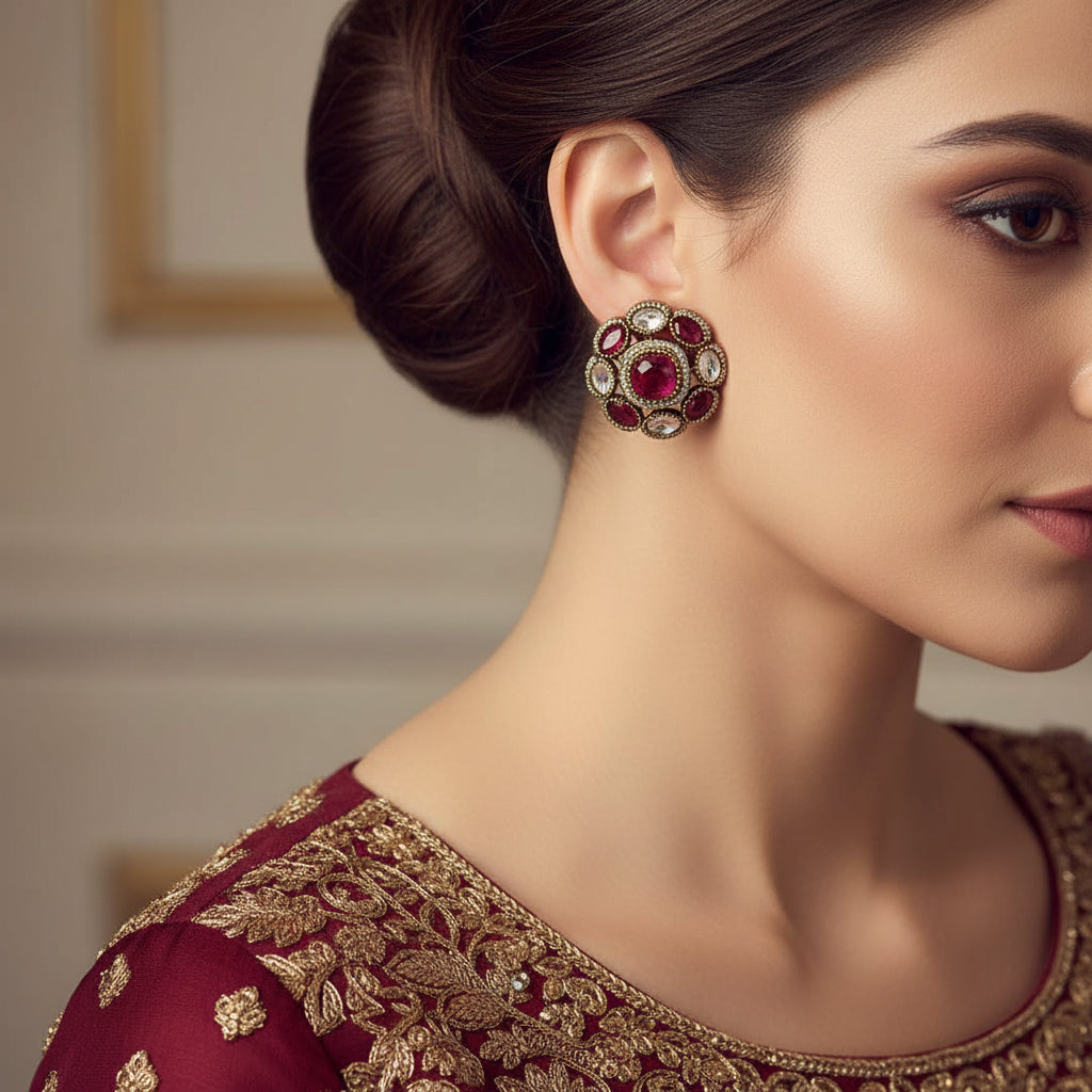 Jewelry earrings with red and white stones on a light gray background, SJNX-CODE-R-135.